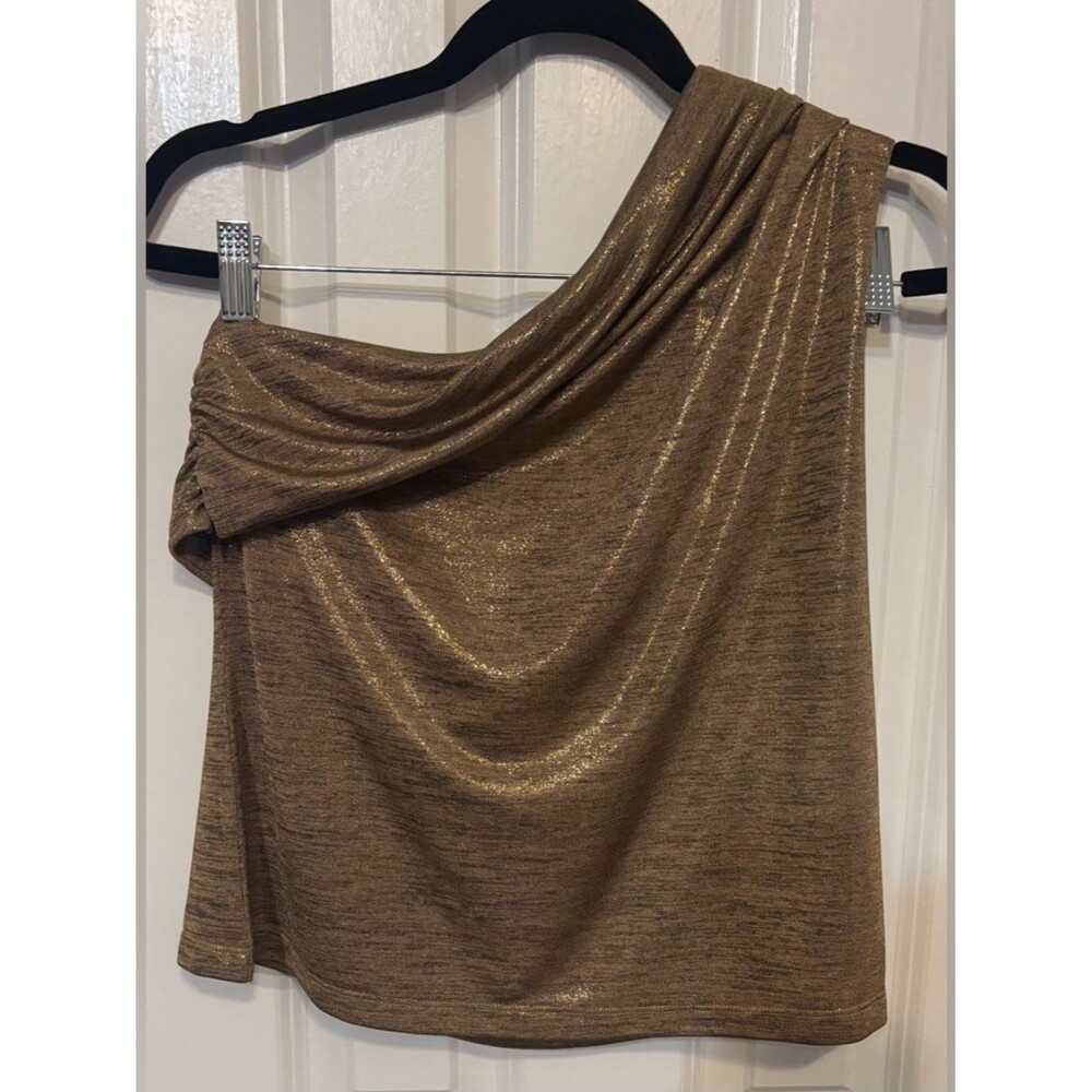 Lauren Ralph Lauren Metallic One Shoulder Gold Shimmer Draped Cocktail Blouse Lg - Picture 5 of 9